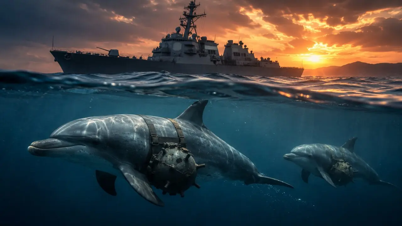 Una recreaci&oacute;n ficticia de los delfines usados como arma de Ir&aacute;n