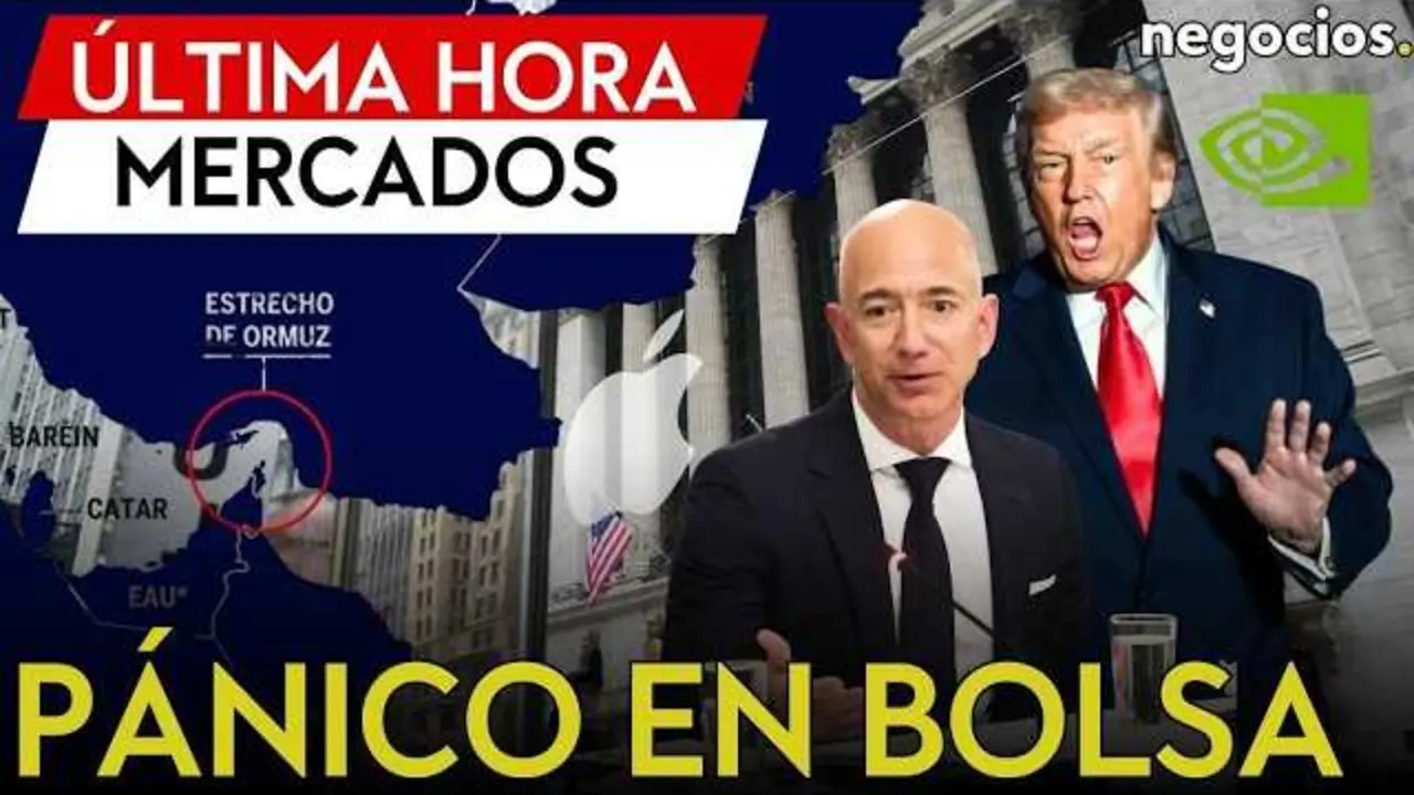Captura del v&iacute;deo de Negocios TV mostrando el desplome del Dow Jones en pantalla y la imagen miniatura con Donald Trump y s&iacute;mbolos del conflicto en el Estrecho de Ormuz.<br>                        <br>                        <br>                        <br>                      