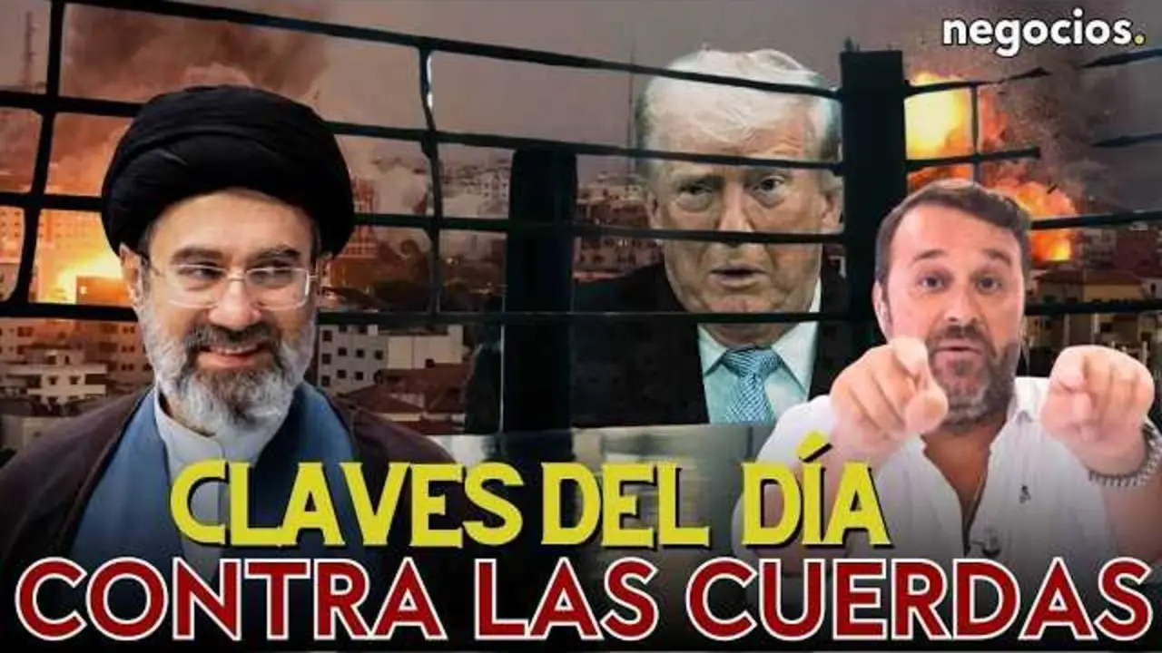Pantallazo del v&iacute;deo de Negocios TV con gr&aacute;ficos sobre conflicto entre EE.UU. e Ir&aacute;n y datos financieros reflejando la volatilidad del mercado.<br>                        <br>                        <br>                        <br>                      