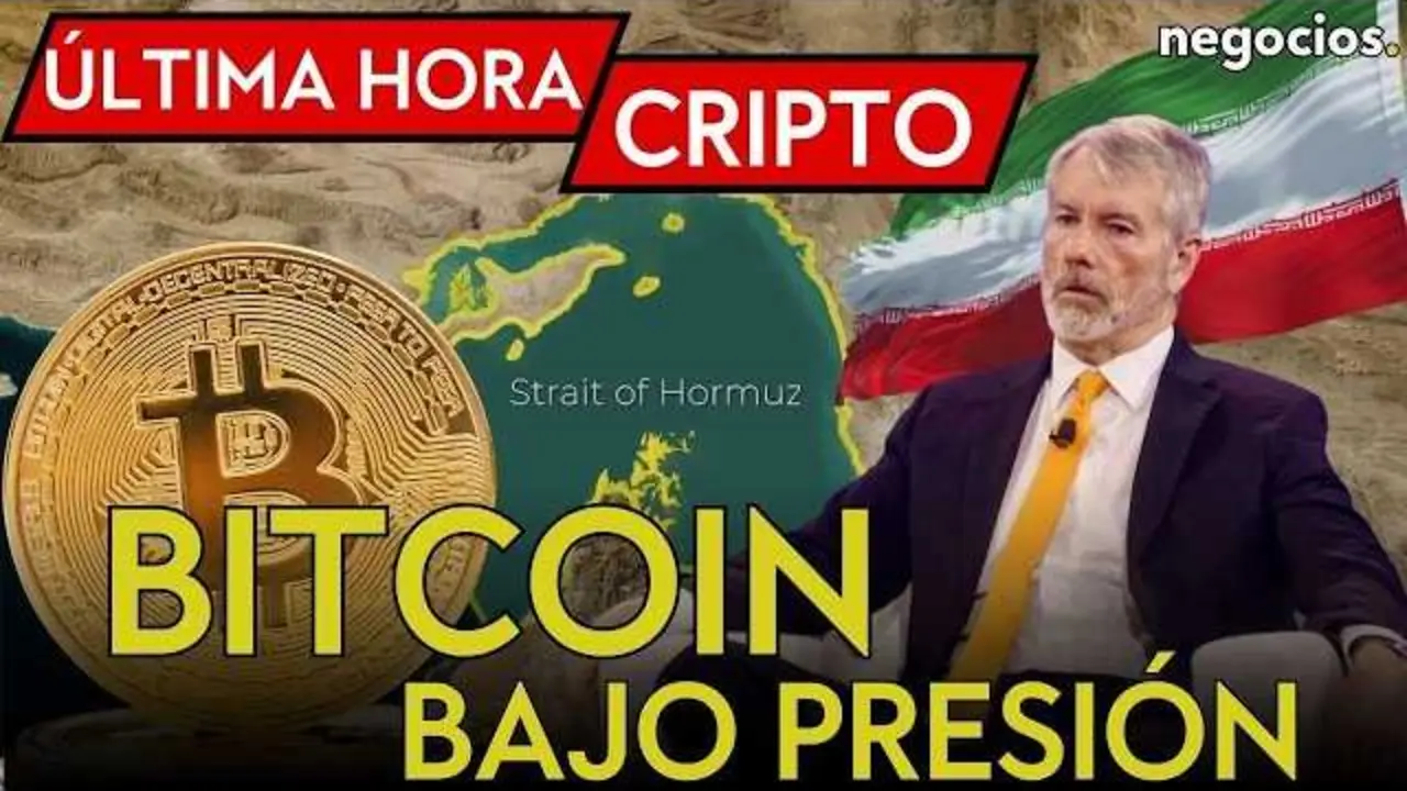 Gr&aacute;fico ilustrativo de la volatilidad del Bitcoin con fondo del estrecho de Ormuz y retrato de Michael Saylor.<br>                        <br>                        <br>                        <br>                      