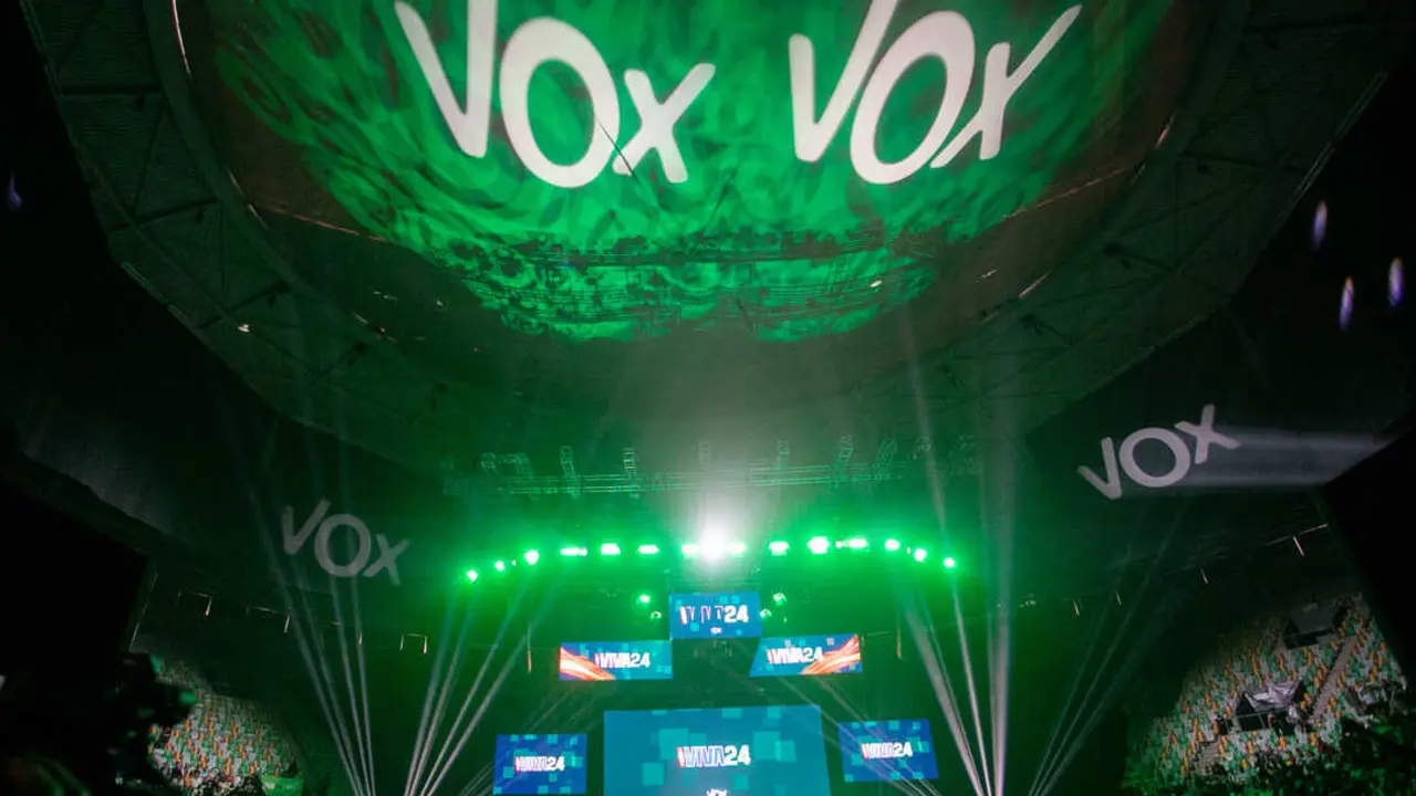 Panoramic view of the Europa Viva 2024 event organized by the Spanish political party VOX at the Vistalegre palace in Madrid and in which various figures from the international far-right participated.