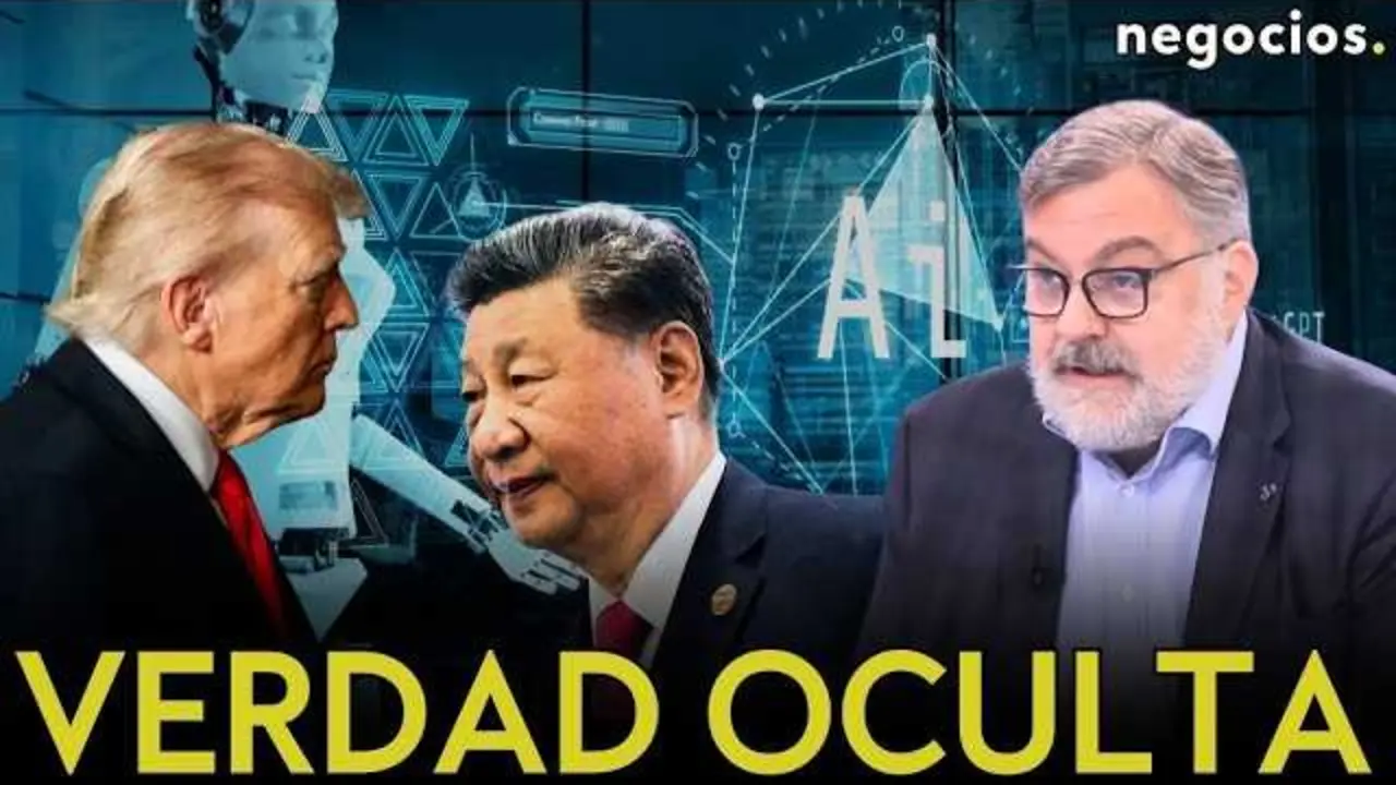 Imagen del diplom&aacute;tico Gustavo de Ar&iacute;stegui durante la entrevista en Negocios TV, con gr&aacute;ficos sobre la inteligencia artificial y geopol&iacute;tica de fondo.<br>                        <br>                        <br>                        <br>                      