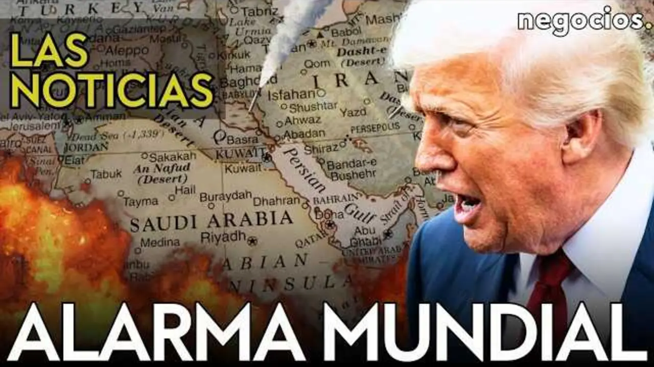 Imagen oficial del v&iacute;deo de Negocios TV mostrando un mapa del Oriente Medio con indicadores de alerta m&aacute;xima.<br>                        <br>                        <br>                        <br>                      
