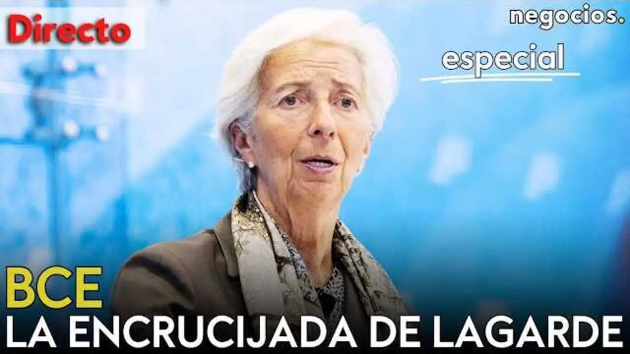 Christine Lagarde durante la rueda de prensa del Banco Central Europeo anunciando las decisiones de tipos de inter&eacute;s.<br>                        <br>                        <br>                        <br>                      