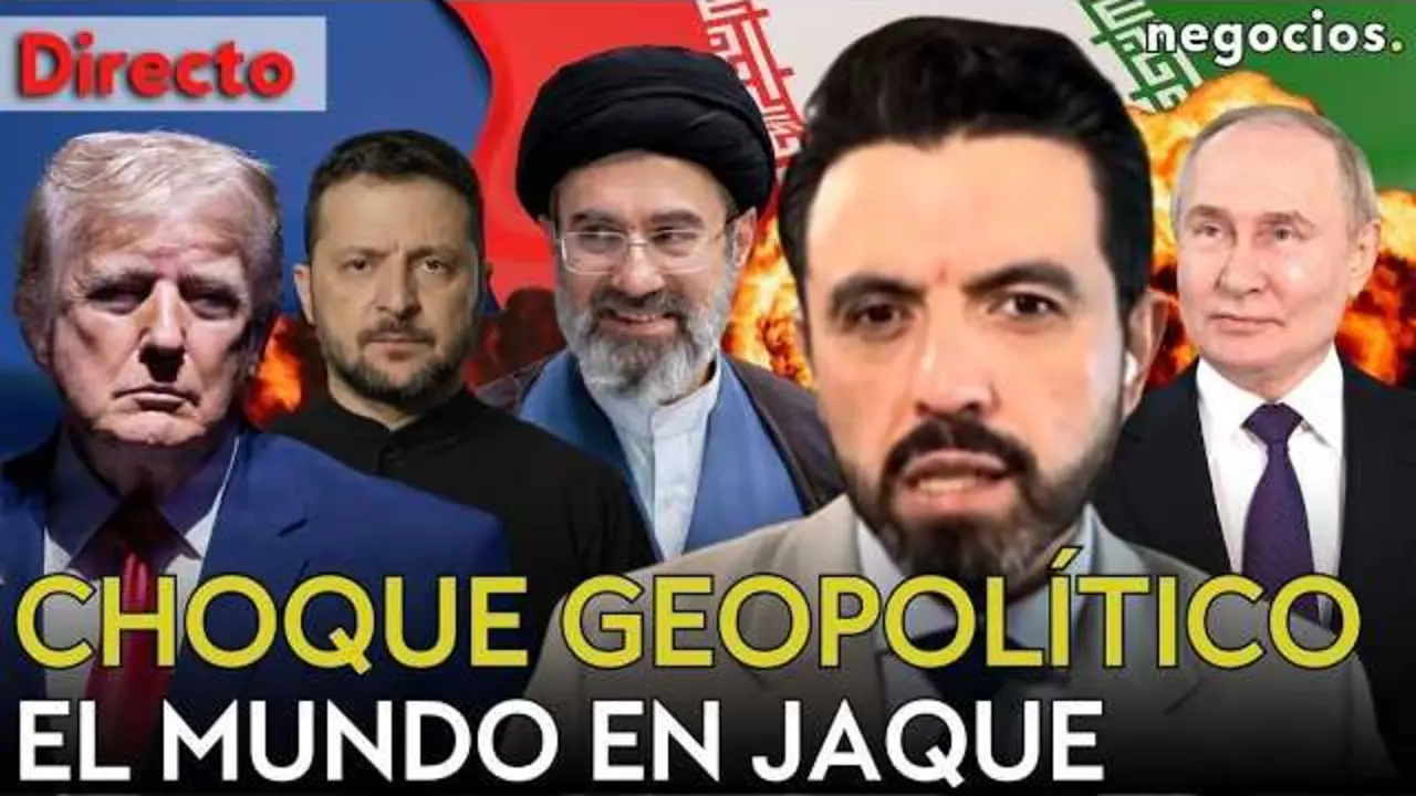 Captura oficial del v&iacute;deo 'Directo Choque Geopol&iacute;tico' con im&aacute;genes del conflicto en Oriente Medio y la alianza Trump-Zelenski.<br>                        <br>                        <br>                        <br>                      