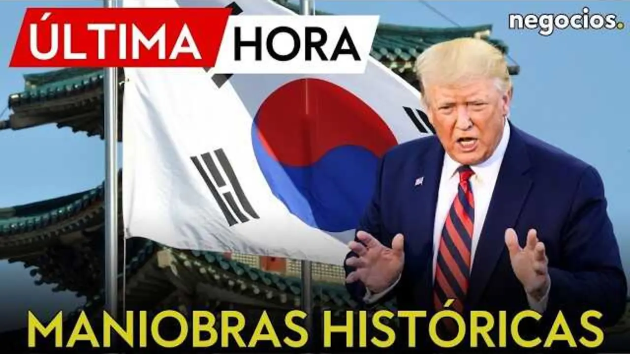 Imagen del v&iacute;deo con el logo de Negocios TV y un mapa de la pen&iacute;nsula coreana al fondo, relacionados con las maniobras militares conjuntas.<br>                        <br>                        <br>                        <br>                      