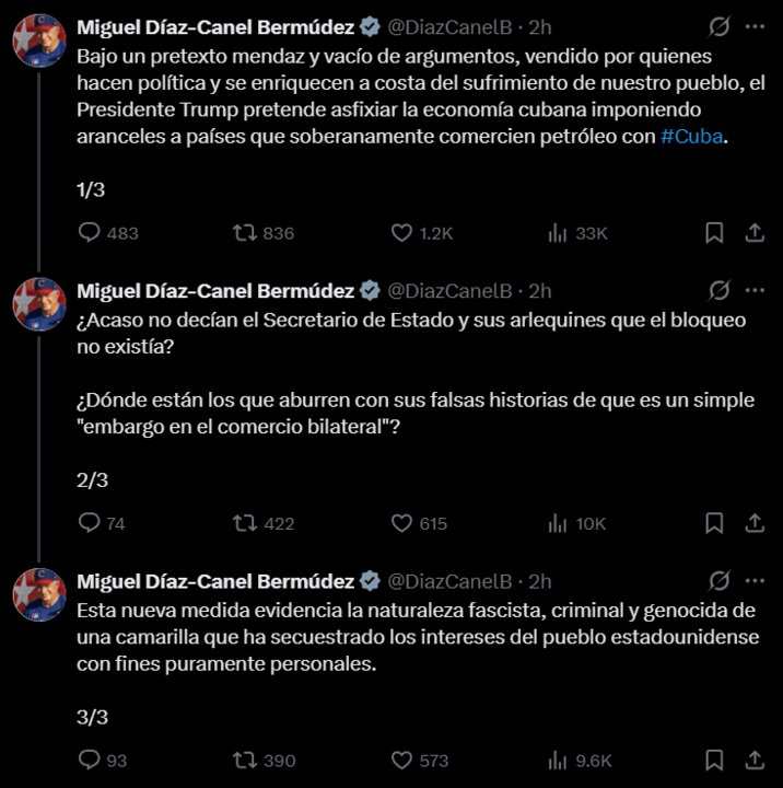 Publicación de Miguel Díaz-Canel en X