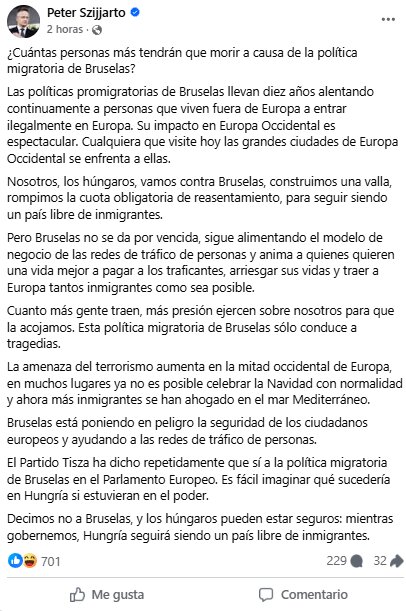 Publicación de Szijartó en Facebook